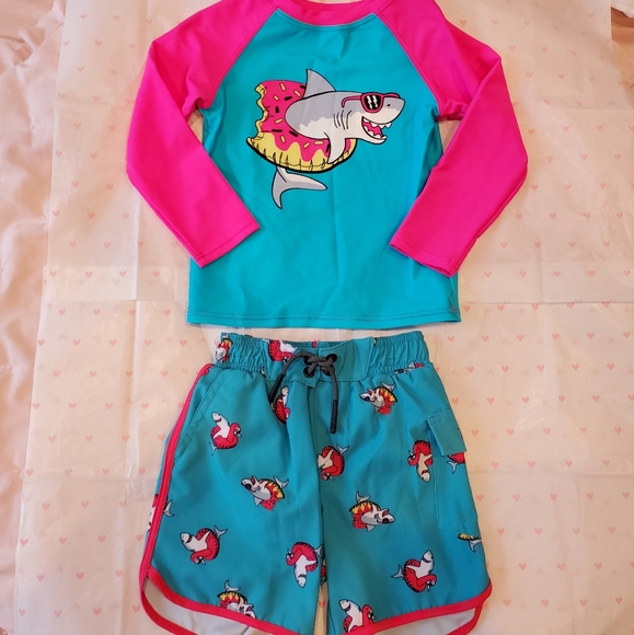 🦈💕NWT Sovereign code Rashguard and swim trunks pink Teal Shark flamingo set - Picture 1 of 4